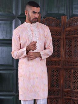 MANQ - Peach Mens Ethnic Motif Sequinned Embroidered Print Festive Kurta