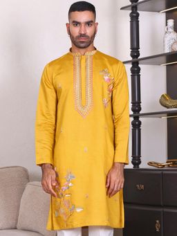 MANQ - Yellow Mens Ethnic Motif Sequinned Embroidered Stylish Kurta