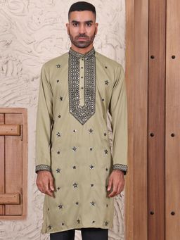 MANQ - Green Mens Ethnic Motif Sequinned Embroidered Smart Kurta