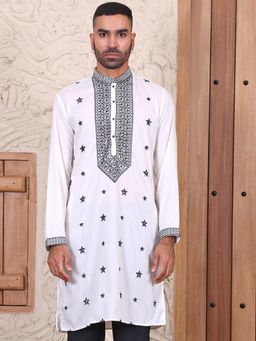 MANQ - White Mens Ethnic Motif Sequinned Embroidered Festive Kurta