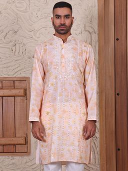 MANQ - Peach Mens Ethnic Motif Sequinned Embroidered Print Elegant Kurta