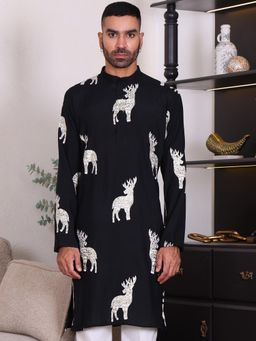 MANQ - Black Mens Ethnic Sequinned Embroidered Refined Kurta