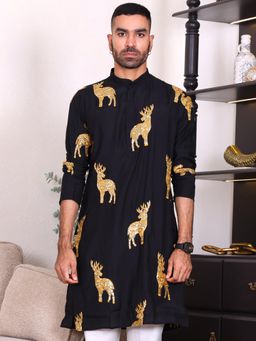 MANQ - Black Mens Ethnic Motif Sequinned Embroidered Traditional Kurta