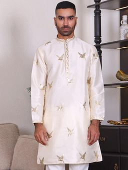 MANQ - Cream Mens Ethnic Motif Embroidered Contemporary Kurta