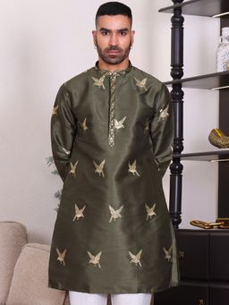 MANQ - Green Mens Ethnic Motif Embroidered Timeless Kurta