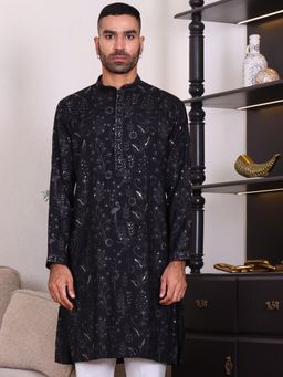 MANQ - Mens Ethnic Motif Black Sequinned Embroidered Refined Kurta