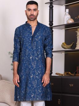 MANQ - Mens Blue Ethnic Motif Sequinned Embroidered Festive Kurta