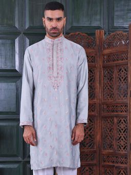 MANQ - Grey Mens Ethnic Motif Sequinned Embroidered Classic Kurta