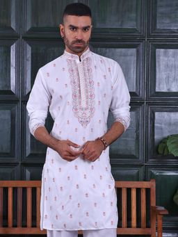 MANQ - White Mens Ethnic Motif Sequinned Embroidered Timeless Kurta