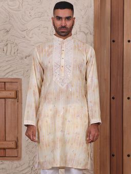 MANQ - Yellow Mens Ethnic Motif Sequinned Embroidered Print Stylish Kurta