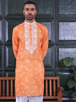 MANQ - Orange Mens Ethnic Motif Sequinned Embroidered Print Premium Kurta