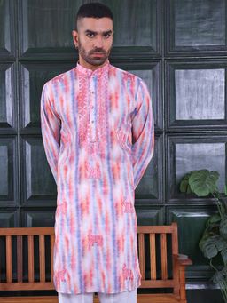 MANQ - Pink Mens Ethnic Motif Sequinned Embroidered Ombre Print Stylish Kurta