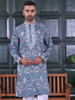 MANQ - Turquoise Mens Ethnic Motif Sequinned Embroidered Print Smart Kurta