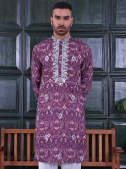 MANQ - Purple Mens Ethnic Motif Sequinned Embroidered Print Contemporary Kurta