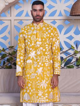 MANQ - Yellow Mens Ethnic Motif Sequinned Embroidered Traditional Kurta