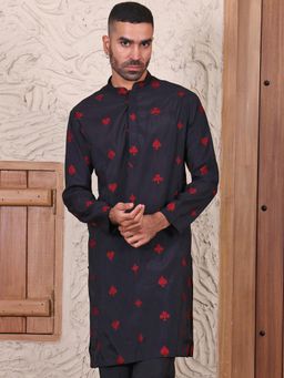 MANQ - Black Mens Ethnic Motif Embroidered Smart Kurta