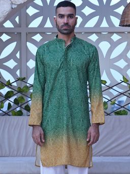 MANQ - Green Mens Ethnic Motif Sequinned Embroidered Ombre Stylish Kurta