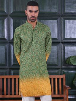 MANQ - Green Mens Ethnic Motif Sequinned Embroidered Ombre Traditional Kurta
