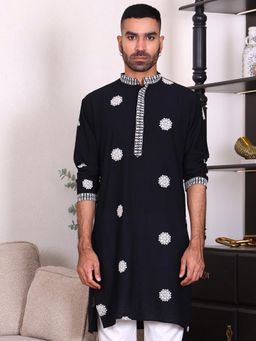 MANQ - Black Mens Ethnic Motif Sequinned Embroidered Refined Kurta