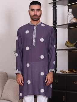 MANQ - Blue Mens Ethnic Motif Sequinned Embroidered Festive Kurta