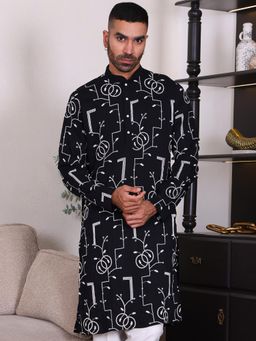 MANQ - Black Mens Ethnic Motif Embroidered Festive Kurta