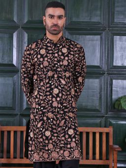 MANQ - Black Mens Ethnic Motif Sequinned Embroidered Timeless Kurta