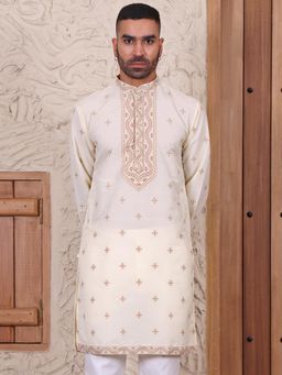 MANQ - Cream Mens Ethnic Motif Classic Kurta