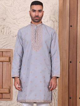 MANQ - Grey Mens Ethnic Motif Premium Kurta