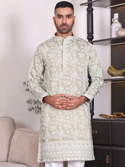 MANQ - Mens Green Ethnic Motif Sequinned Embroidered Classic Kurta
