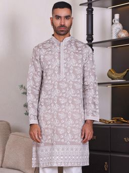MANQ - Grey Mens Ethnic Motif Sequinned Embroidered Timeless Kurta