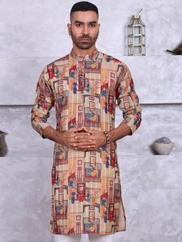 MANQ - Beige Mens Ethnic Motif Printed Festive Kurta