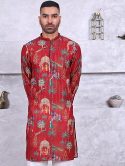 MANQ - Red Mens Ethnic Motif Printed Traditional Kurta