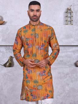 MANQ - Yellow Mens Ethnic Motif Printed Refined Kurta