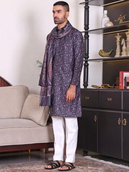 MANQ - Navy Blue Mens Ethnic Printed Kurta and Dupatta