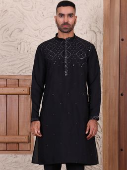 MANQ - Black Mens Ethnic Motif Sequinned Embroidered Stylish Kurta