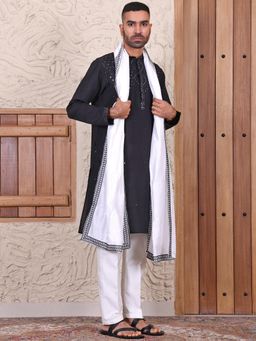 MANQ - Black Mens Ethnic Motif Sequinned Embroidered Kurta and Dupatta