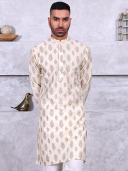 MANQ - White Mens Ethnic Motif Printed Contemporary Kurta