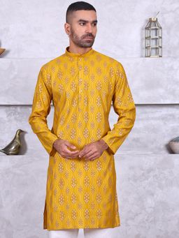 MANQ - Yellow Mens Ethnic Motif Printed Smart Kurta