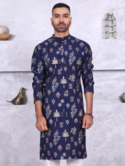 MANQ - Blue Mens Ethnic Motif Printed Premium Kurta