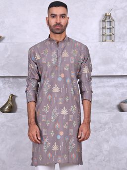 MANQ - Grey Mens Ethnic Motif Printed Classic Kurta