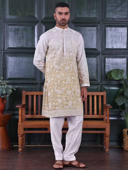 MANQ - Yellow Men Ethnic Motif Sequinned Embroidered Ombre Kurta With Salwar