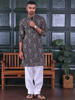 MANQ - Black Ethnic Motif Sequinned Embroidered Men Kurta With Salwar