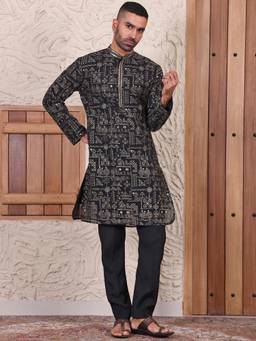 MANQ - Black Ethnic Motif Sequinned Embroidered Men Kurta With Trousers