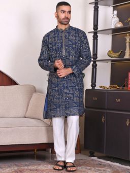 MANQ - Blue Ethnic Motif Sequinned Embroidered Men Kurta With Trousers