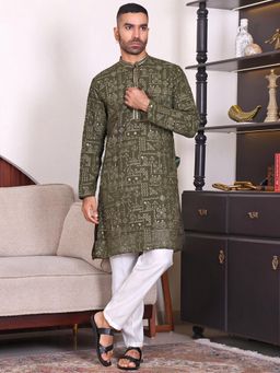 MANQ - Green Ethnic Motif Sequinned Embroidered Men Kurta With Trousers