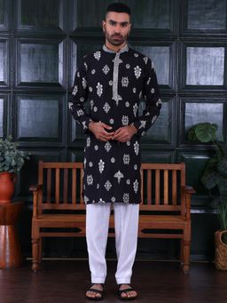 MANQ - Men Black Ethnic Motif Sequinned Embroidered Kurta With Salwar