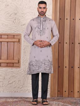 MANQ - Taupe Men Ethnic Motif Sequinned Embroidered Kurta With Trousers