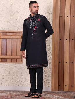MANQ - Black Ethnic Motif Embroidered Kurta With Trousers