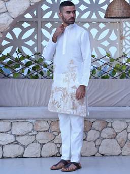 MANQ - White Men Ethnic Embroidered Kurta With Trousers
