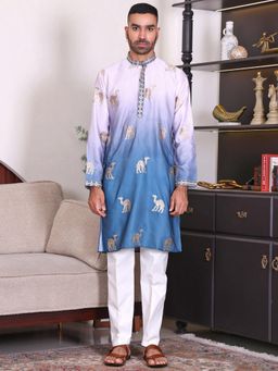 MANQ - Blue Men Ethnic Motif Sequinned Embroidered Ombre Kurta With Trousers